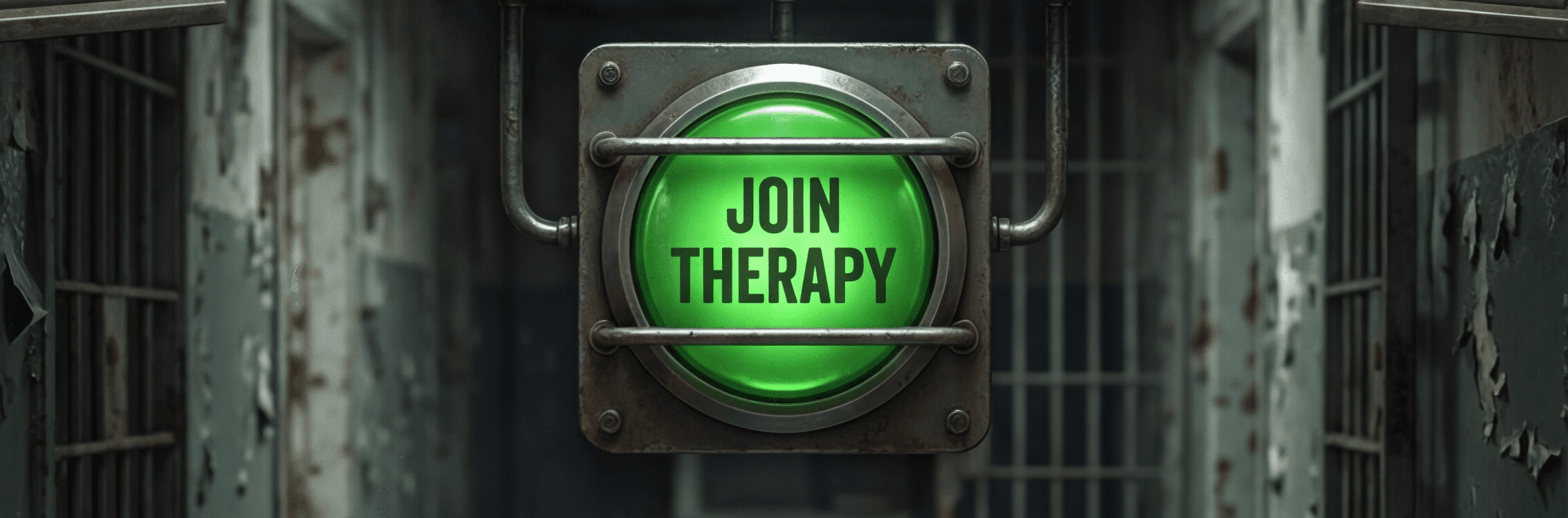 Join Therapy - large green glowing button in an asylum corridor