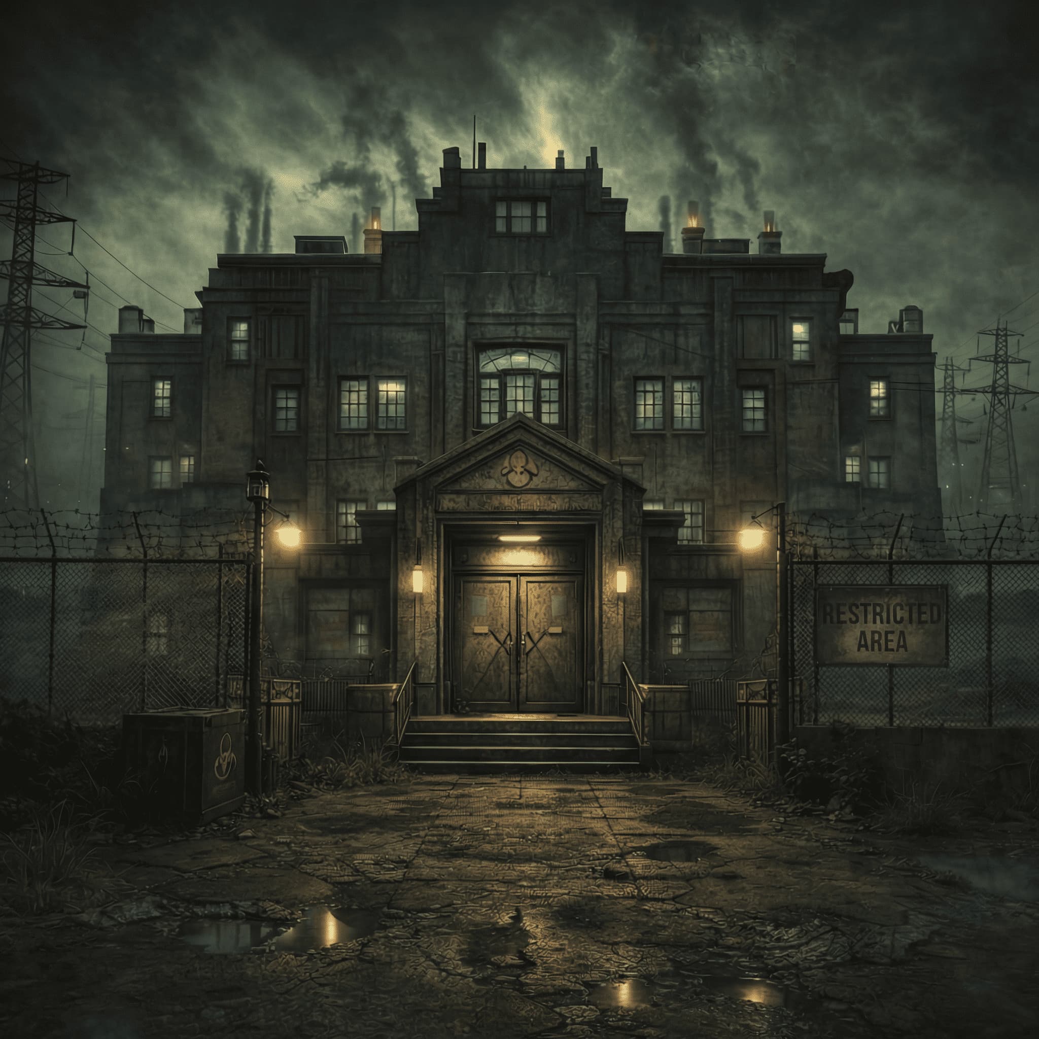 The Meme Asylum - a dark foreboding building with Restricted Area signage